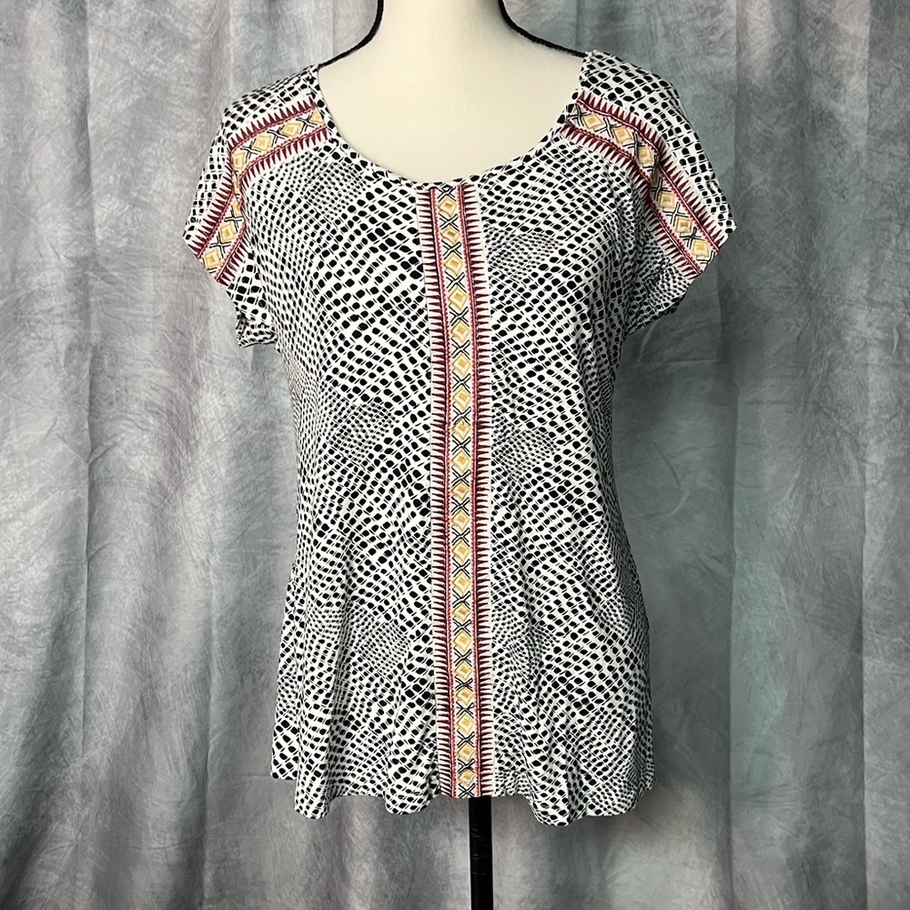 Christopher & Banks Embroidered Black & White Print Brushed Knit Top